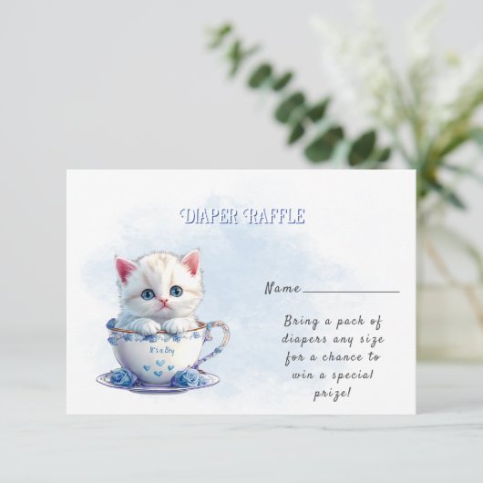 Kitten in Cup Blue Flowers Babydusche Begleitkarte (Stehend Vorderseite)