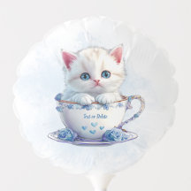 Kitten in Cup Blue Flowers Ballon