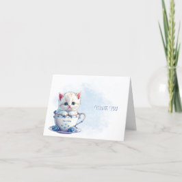 Kitten in Cup Blue Flowers Danke Karte
