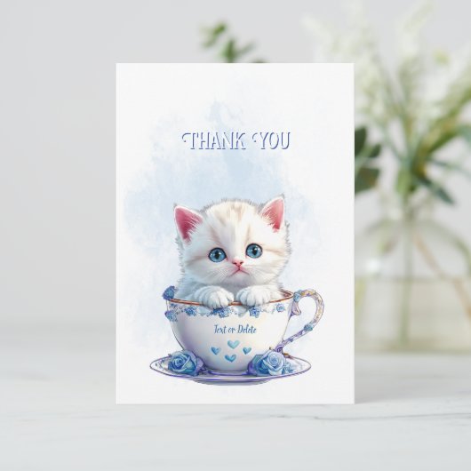 Kitten in Cup Blue Flowers Danke Karte (Stehend Vorderseite)