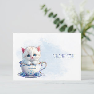Kitten in Cup Blue Flowers Danke Karte