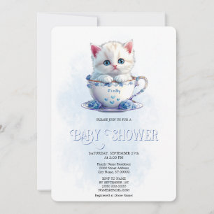 Kitten in Cup Blue Flowers Kinderdusche Einladung