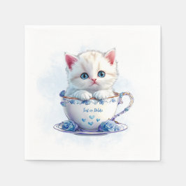 Kitten in Cup Blue Flowers Napkins Serviette
