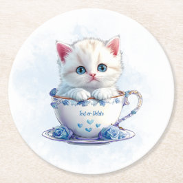 Kitten in Cup Blue Flowers Papier Untersetzer