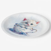 Kitten in Cup Blue Flowers Papierplatte Pappteller (Schrägansicht)