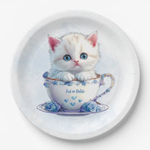 Kitten in Cup Blue Flowers Papierplatte