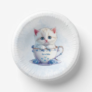 Kitten in Cup Blue Flowers Papierschale Pappteller