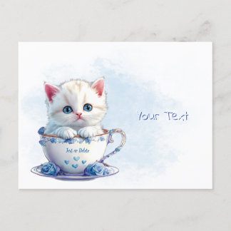 Kitten in Cup Blue Flowers Postcard Postkarte