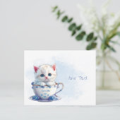 Kitten in Cup Blue Flowers Postcard Postkarte (Stehend Vorderseite)