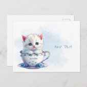 Kitten in Cup Blue Flowers Postcard Postkarte (Vorne/Hinten)