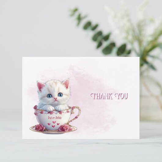 Kitten in Cup Pink Blume Danke Karte (Stehend Vorderseite)