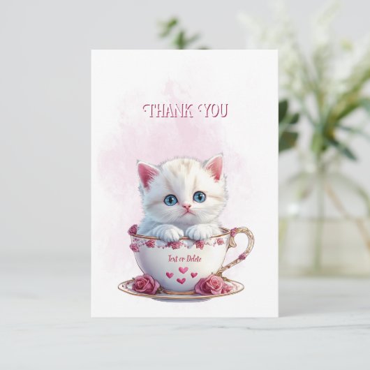 Kitten in Cup Pink Blume Danke Karte (Stehend Vorderseite)