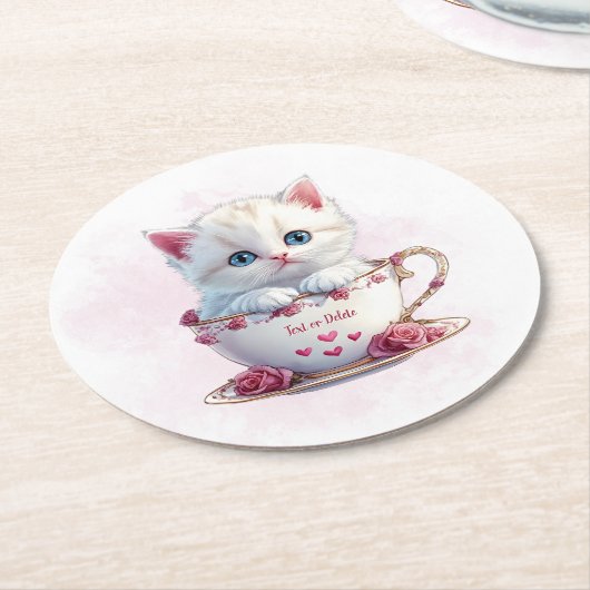 Kitten in Cup Pink Blume Papier Untersetzer (Angewinkelt)