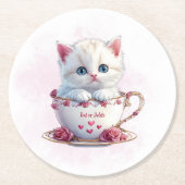 Kitten in Cup Pink Blume Papier Untersetzer (Vorderseite)