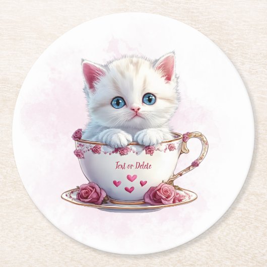 Kitten in Cup Pink Blume Papier Untersetzer (Vorderseite)