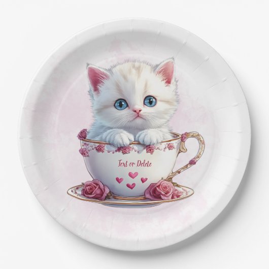 Kitten in Cup Pink Blume Papierplatte Pappteller (Vorderseite)