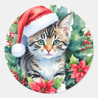 Kitten in der Weihnachtsmannmütze Weihnachtskunst Runder Aufkleber