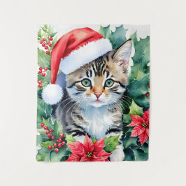 Kitten in der Weihnachtsmannmütze Weihnachtskunst Wandteppich