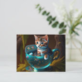 Kitten in einem blauen Teacup - Katze Postkarte (Stehend Vorderseite)