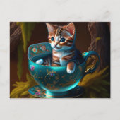 Kitten in einem blauen Teacup - Katze Postkarte (Vorderseite)