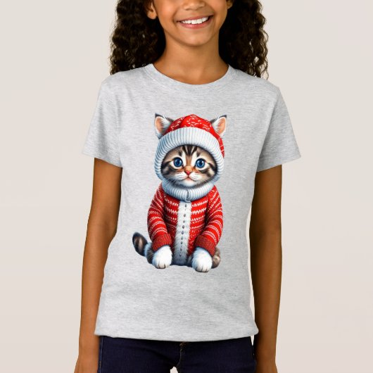Kitten in einem rot-weißen Weihnachtskid T-Shirt (Vorderseite)