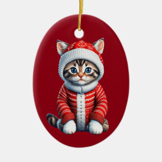 Kitten in einem rot-weißen Weihnachtskraut Keramik Ornament (Vorne)