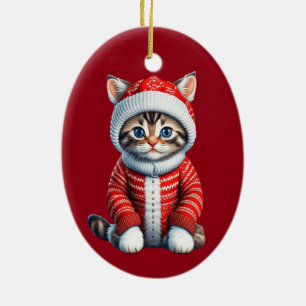 Kitten in einem rot-weißen Weihnachtskraut Keramik Ornament