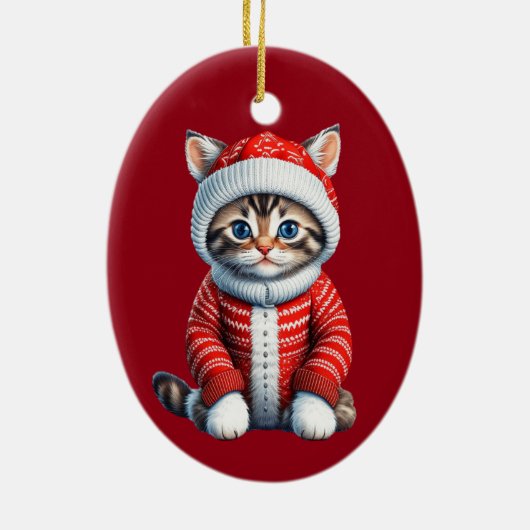 Kitten in einem rot-weißen Weihnachtskraut Keramik Ornament (Hinten)