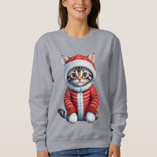 Kitten in einem rot-weißen Weihnachtskraut Sweatshirt