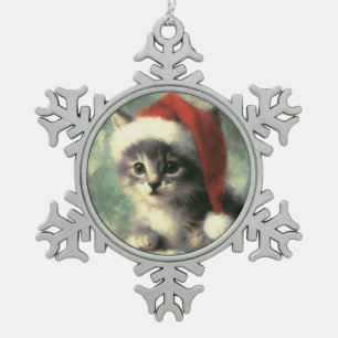 Kitten in einer Weihnachtsmannmütze Schneeflocke G Schneeflocken Zinn-Ornament