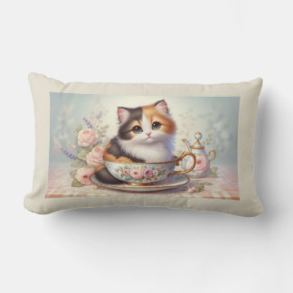 Kitten in Teacup Vintage Floral Tea Party Cat Art Lendenkissen