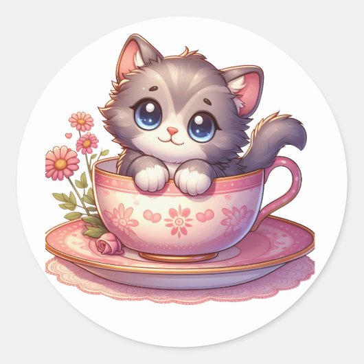 Kitten in Teebecher Sticker (Vorderseite)
