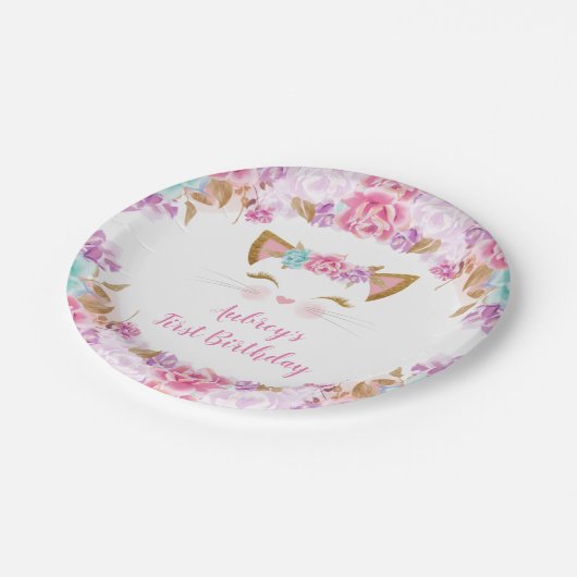 Kitten Kitten Katze Blumenrosa lila aquamarin Pappteller (Schrägansicht)