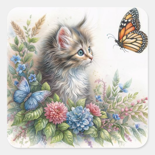 Kitten Looking At Orange Butterfly Quadratischer Aufkleber (Vorderseite)