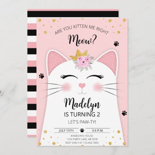 Kitten Meow Birthday Pink Einladung (Vorne/Hinten)
