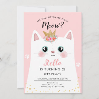 Kitten Meow Pink Crown Girl Kitty Cat Geburtstag Einladung