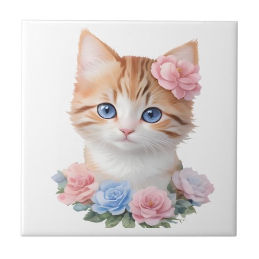 Kitten mit Blume Whimsical Feline Fliese (Vorderseite)