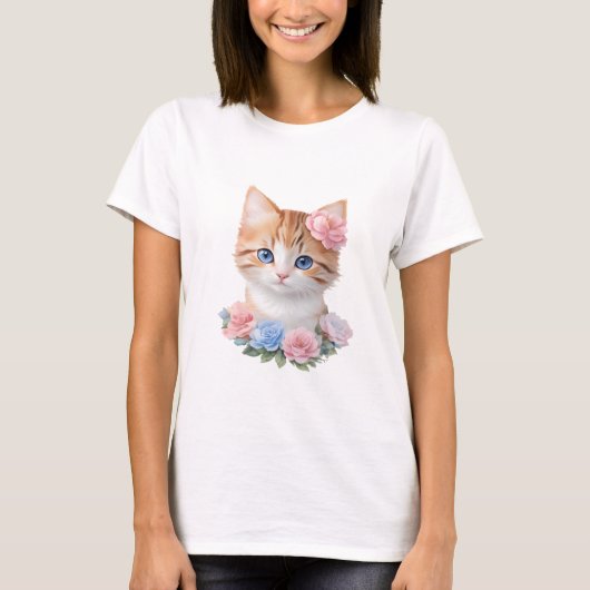 Kitten mit Blume Whimsical Feline T-Shirt (Vorderseite)