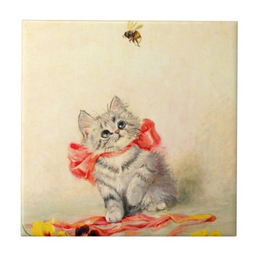 Kitten mit einem roten Band Fliese (Vorderseite)
