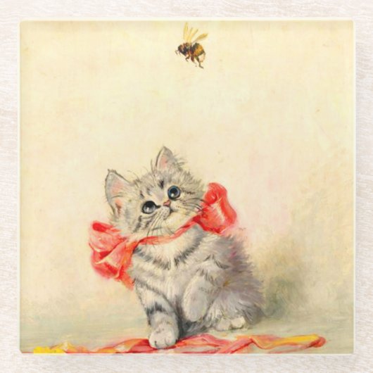 Kitten mit einem roten Band Glasuntersetzer (Vorderseite)