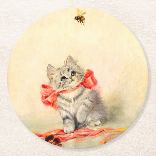 Kitten mit einem roten Band Runder Pappuntersetzer (Vorderseite)