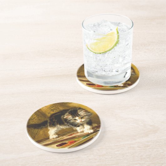 Kitten mit Farbe und Pinsel Getränkeuntersetzer (Seite)