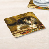 Kitten mit Farbe und Pinsel Rechteckiger Pappuntersetzer (angewinkelt)