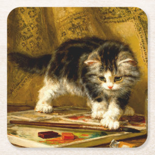 Kitten mit Farbe und Pinsel Rechteckiger Pappuntersetzer