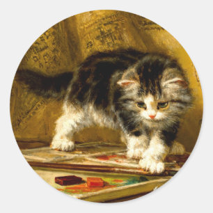 Kitten mit Farbe und Pinsel Runder Aufkleber