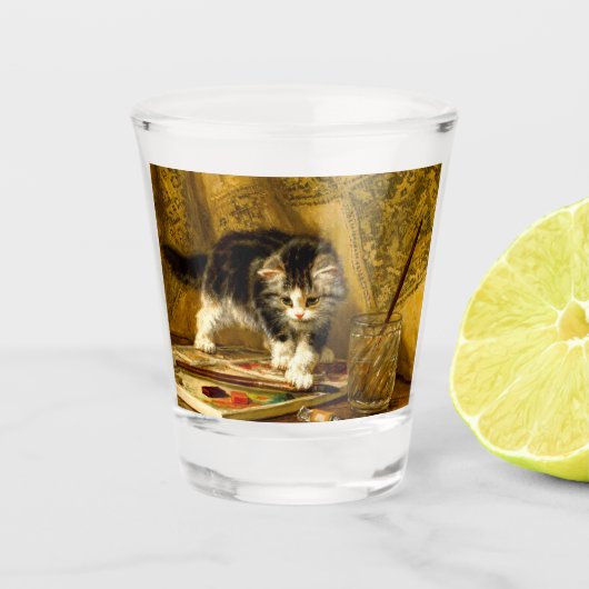 Kitten mit Farbe und Pinsel Schnapsglas (Vorderseite)