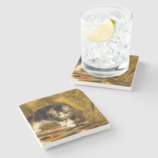 Kitten mit Farbe und Pinsel Steinuntersetzer (Seitenansicht)