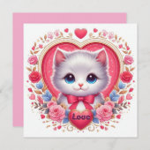 Kitten mit Red Bow mit romantischen Blumenherzen Einladung (Vorne/Hinten)