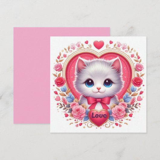 Kitten mit Red Bow mit romantischen Blumenherzen Einladung (Vorne/Hinten)
