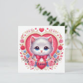 Kitten mit Red Bow mit romantischen Blumenherzen Einladung (Stehend Vorderseite)
